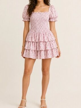 Altar’d State Pink Floral Smocked Puff Sleeve Tiered Mini Dress NWT Size L